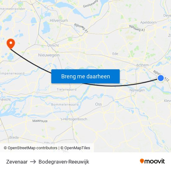 Zevenaar to Bodegraven-Reeuwijk map