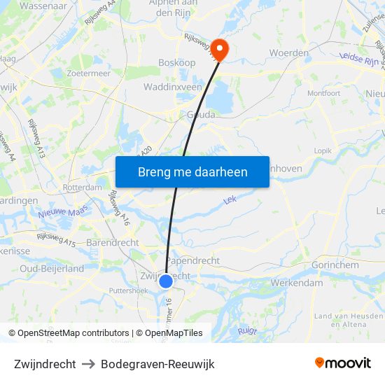 Zwijndrecht to Bodegraven-Reeuwijk map