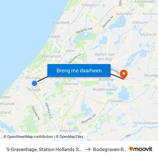 'S-Gravenhage, Station Hollands Spoor (Perron A) to Bodegraven-Reeuwijk map