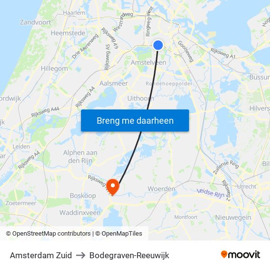 Amsterdam Zuid to Bodegraven-Reeuwijk map