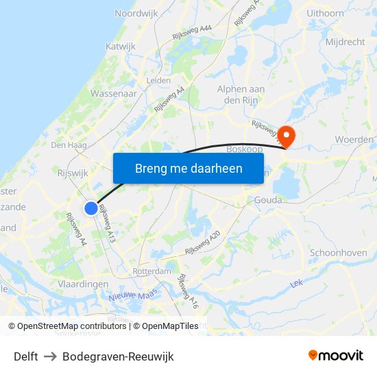 Delft to Bodegraven-Reeuwijk map