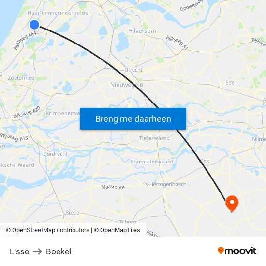 Lisse to Boekel map