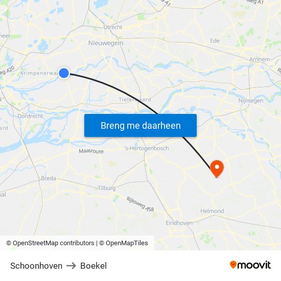 Schoonhoven to Boekel map