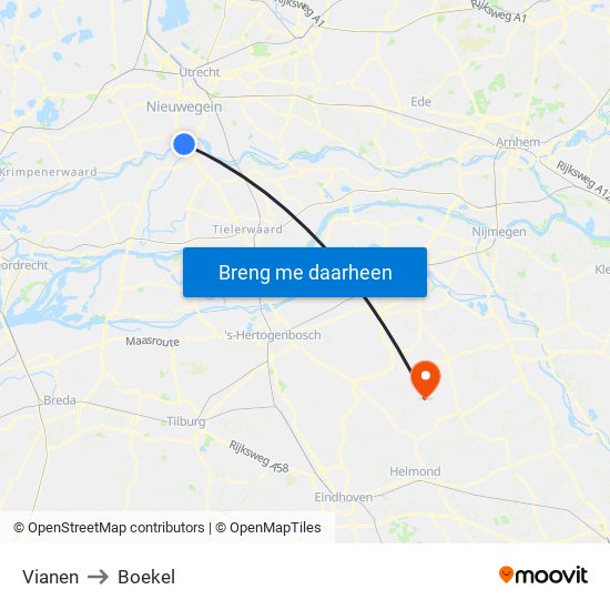 Vianen to Boekel map