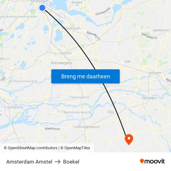 Amsterdam Amstel to Boekel map