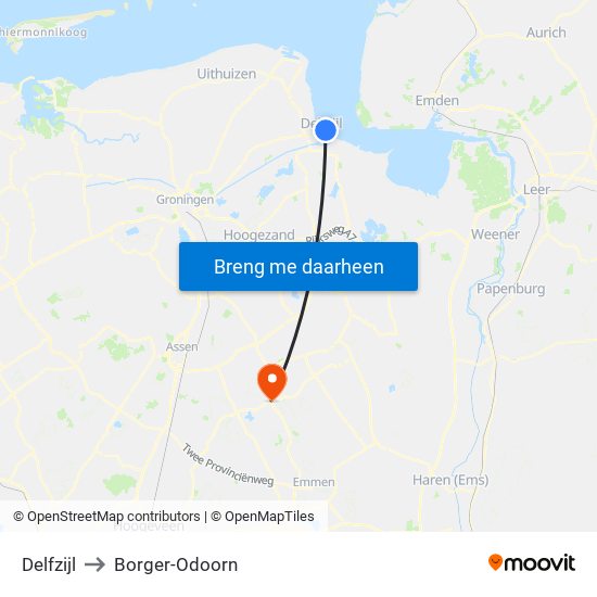 Delfzijl to Borger-Odoorn map