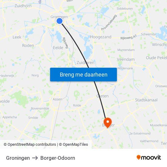 Groningen to Borger-Odoorn map