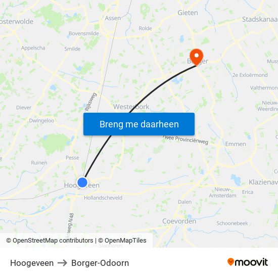 Hoogeveen to Borger-Odoorn map