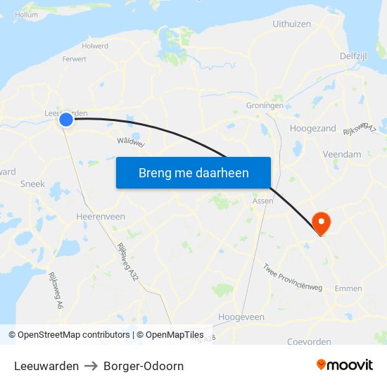 Leeuwarden to Borger-Odoorn map
