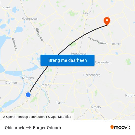 Oldebroek to Borger-Odoorn map