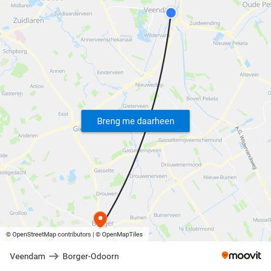 Veendam to Borger-Odoorn map