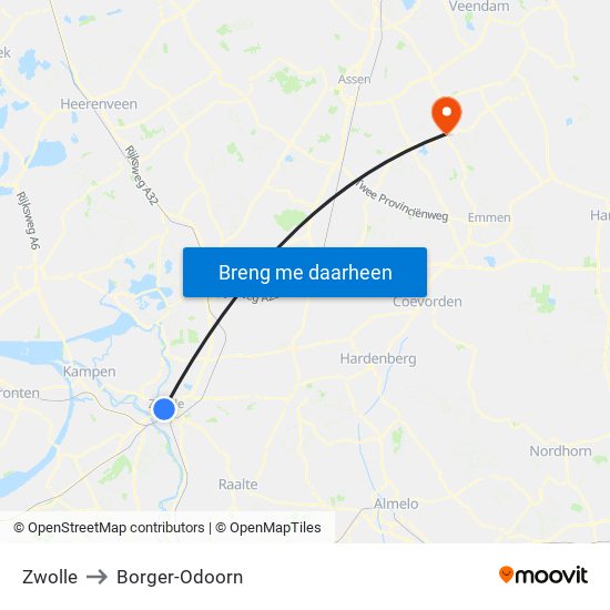 Zwolle to Borger-Odoorn map