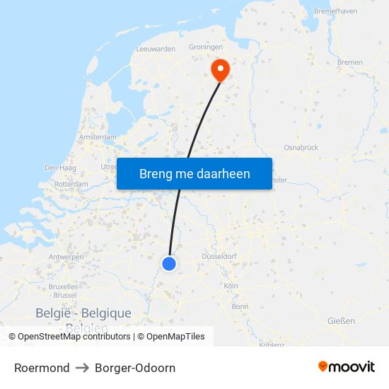 Roermond to Borger-Odoorn map