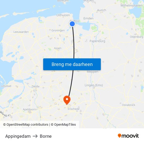 Appingedam to Borne map