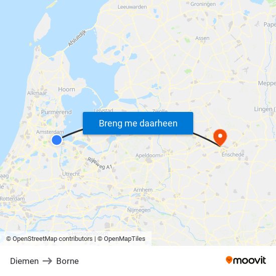 Diemen to Borne map