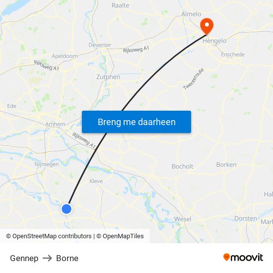 Gennep to Borne map