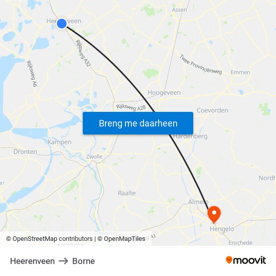 Heerenveen to Borne map