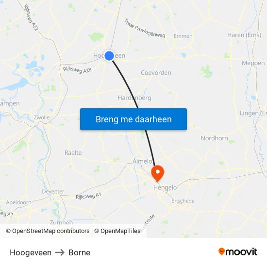 Hoogeveen to Borne map