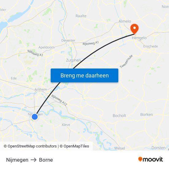 Nijmegen to Borne map
