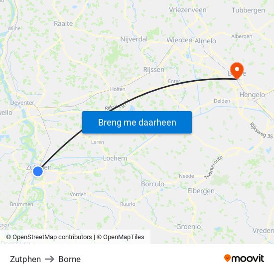 Zutphen to Borne map