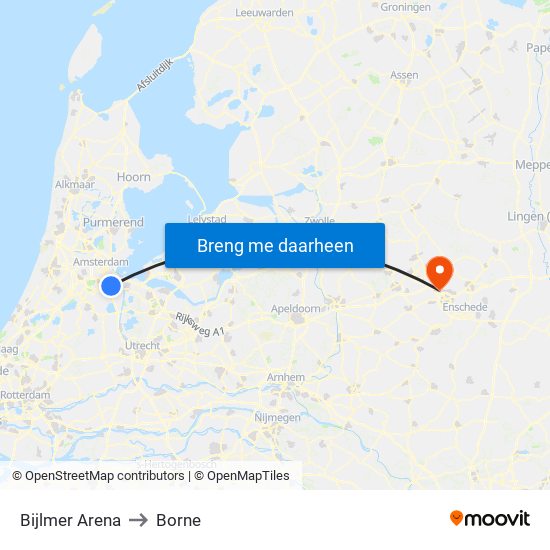 Bijlmer Arena to Borne map