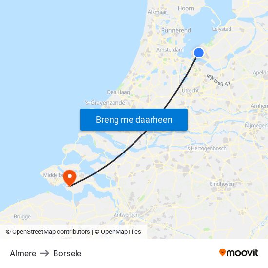 Almere to Borsele map