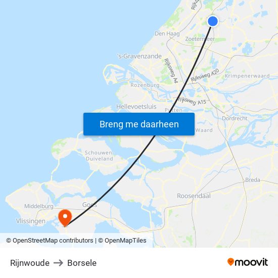 Rijnwoude to Borsele map