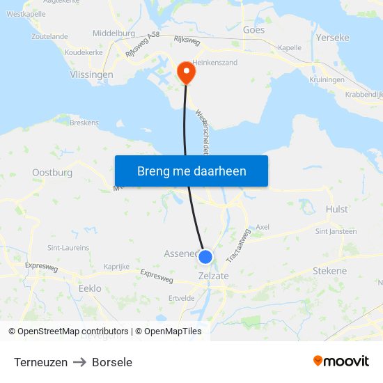 Terneuzen to Borsele map