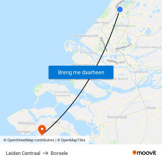 Leiden Centraal to Borsele map