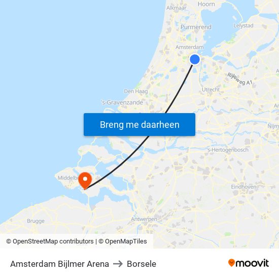 Amsterdam Bijlmer Arena to Borsele map