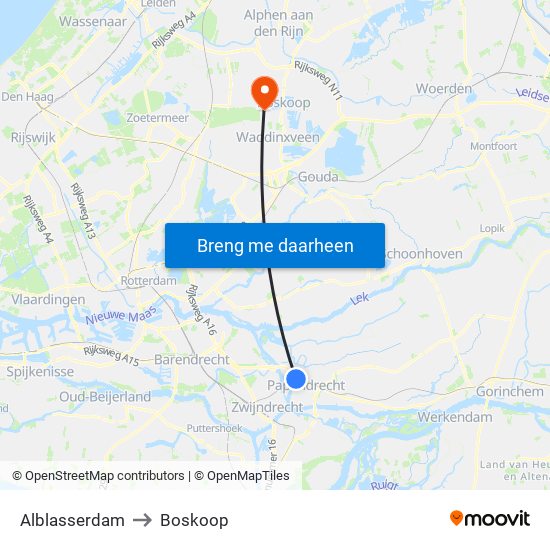 Alblasserdam to Boskoop map