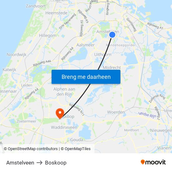 Amstelveen to Boskoop map