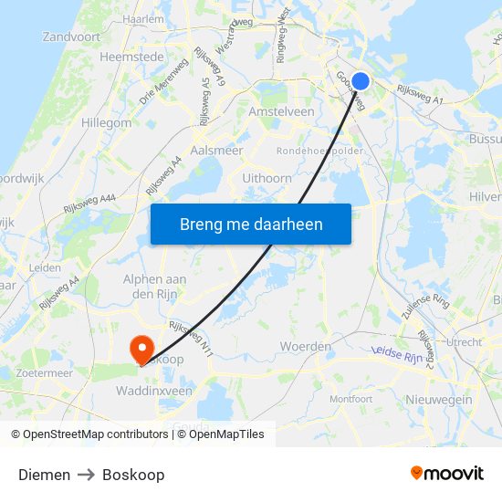 Diemen to Boskoop map