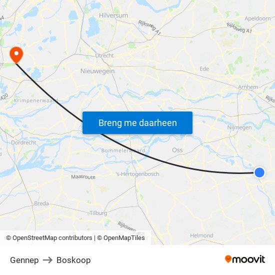 Gennep to Boskoop map