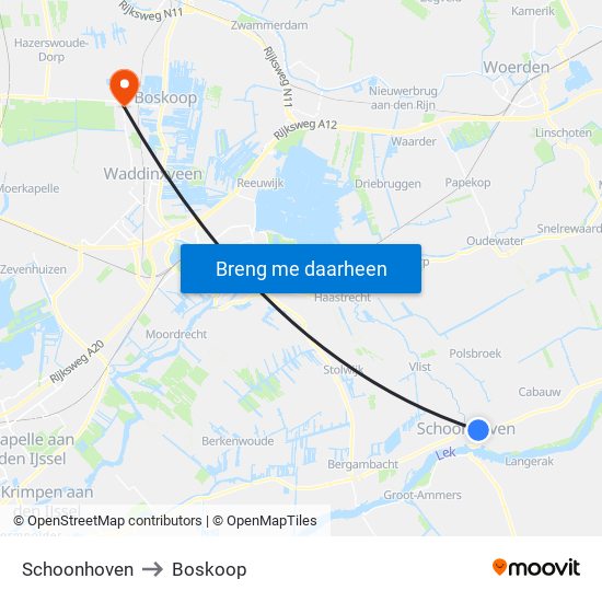 Schoonhoven to Boskoop map
