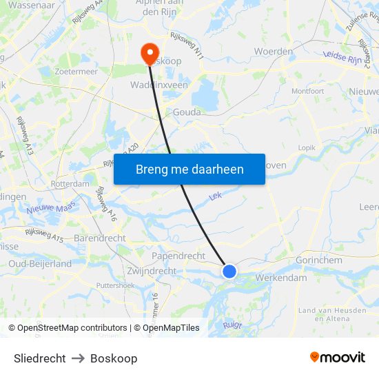 Sliedrecht to Boskoop map