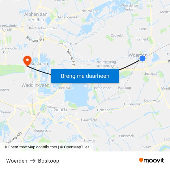 Woerden to Boskoop map