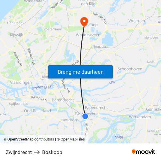 Zwijndrecht to Boskoop map