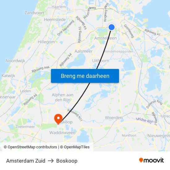Amsterdam Zuid to Boskoop map