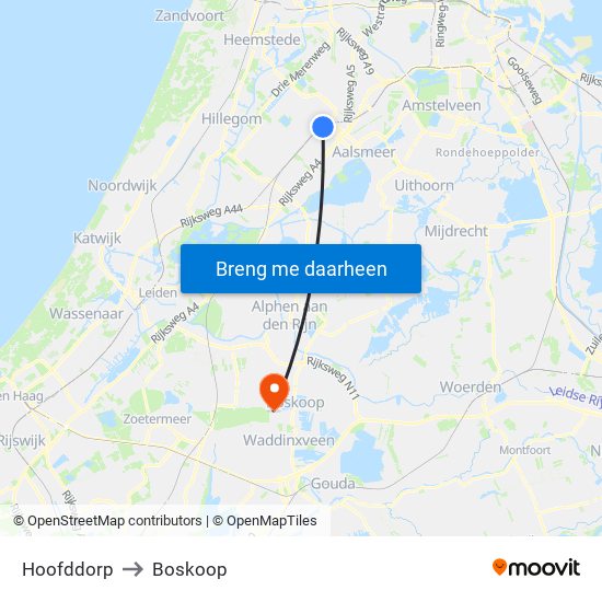 Hoofddorp to Boskoop map