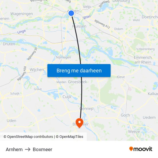 Arnhem to Boxmeer map