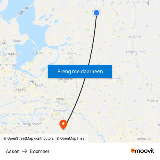 Assen to Boxmeer map
