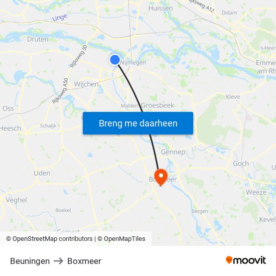 Beuningen to Boxmeer map