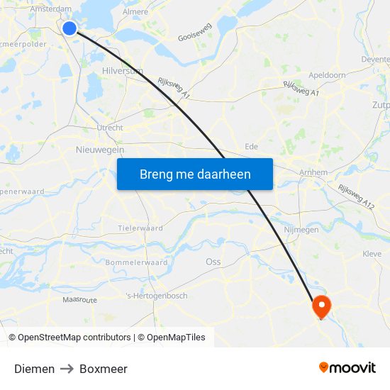Diemen to Boxmeer map