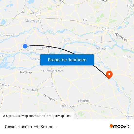 Giessenlanden to Boxmeer map