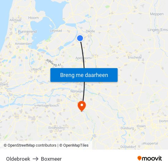 Oldebroek to Boxmeer map