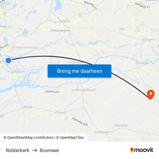 Ridderkerk to Boxmeer map