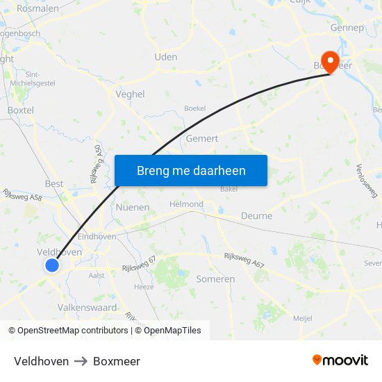 Veldhoven to Boxmeer map