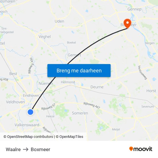 Waalre to Boxmeer map