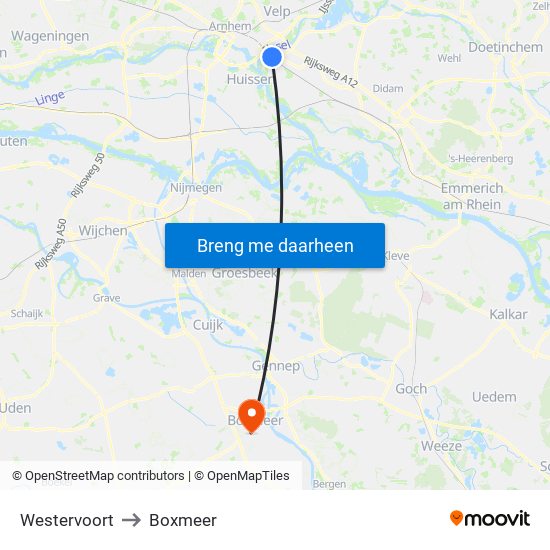 Westervoort to Boxmeer map
